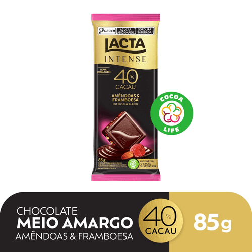 Chocolate Lacta Intense Meio Amargo 40% Cacau Amêndoas E Framboesa 85g