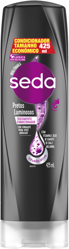 Tratamento Condicionador com Vitamina E, Óleo de Semente de Chia e Melanina Seda Pretos Luminosos Frasco 425ml Tamanho Econômico