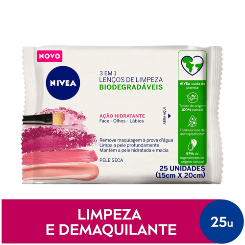 Lenço Umedecido Demaquilante Ação Hidratante 3 em 1 Facial Nivea Pacote 25 Unidades