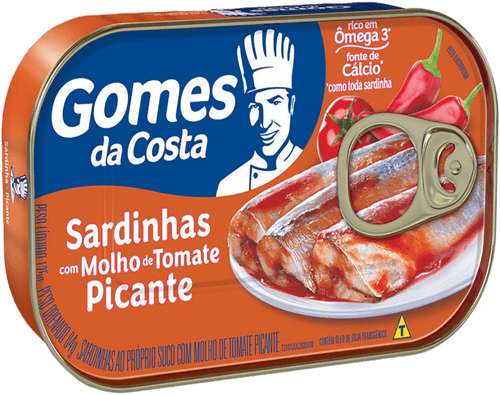 Sardinha ao Próprio Suco ao Molho de Tomate Picante Gomes da Costa Lata Peso Líquido 125g Peso Drenado 75g