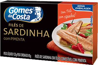 Filé de Sardinha com Óleo Comestível sem Pele sem Espinhas Gomes da Costa Caixa Peso Líquido 125g Peso Drenado 85g