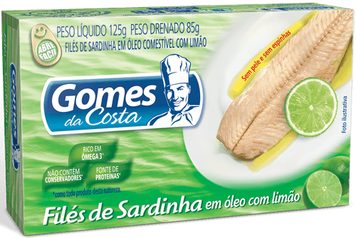 Filé de Sardinha com Óleo Comestível com Limão sem Pele sem Espinhas Gomes da Costa Caixa Peso Líquido 125g Peso Drenado 85g