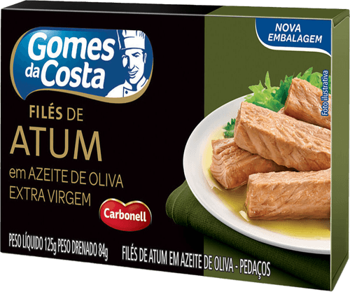 Filé de Atum em Pedaços em Azeite de Oliva Extra Virgem Gomes da Costa Caixa Peso Líquido 125g Peso Drenado 84g