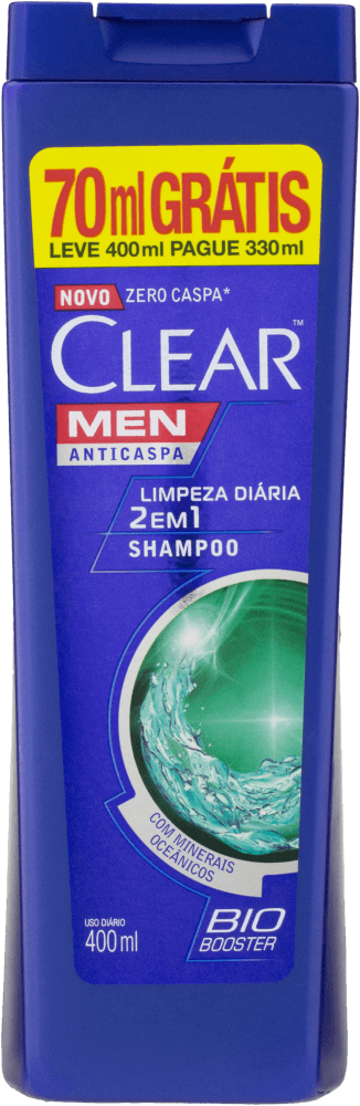 Shampoo Anticaspa 2 em 1 Clear Men Limpeza Diária Frasco Leve 400ml Pague 330ml