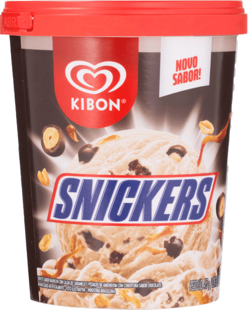 Sorvete Snickers Baunilha com Calda de Caramelo e Pedaços de Amendoim com Cobertura de Chocolate Kibon Pote 800ml