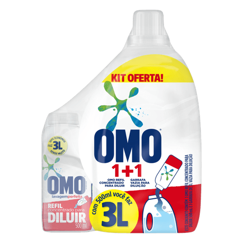 Kit Garrafa para Diluição + Lava-Roupas Concentrado para Diluir Omo Lavagem Perfeita 500ml Refil Econômico