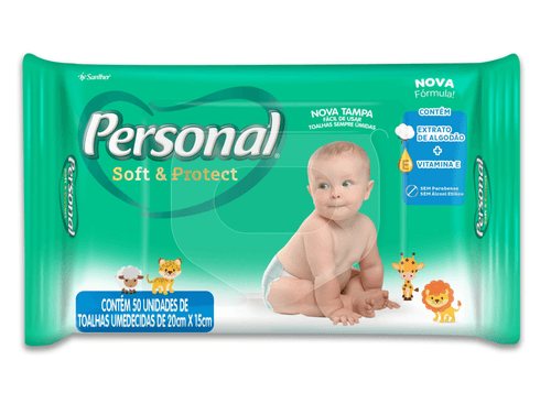 Lenços Umedecidos Personal Baby Soft & Protect com 50 lenços