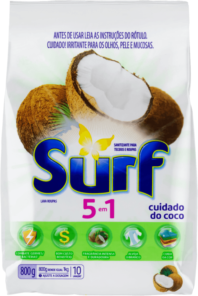 Sanitizante-Lava-Roupas-em-Po-5-em-1-Cuidado-do-Coco-Surf-Pacote-800g