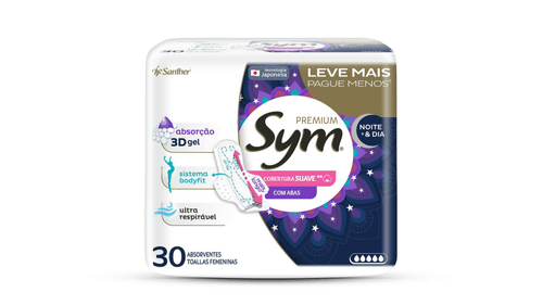 Absorvente Sym Premium Noite & Dia Suave com Abas 30 unidades