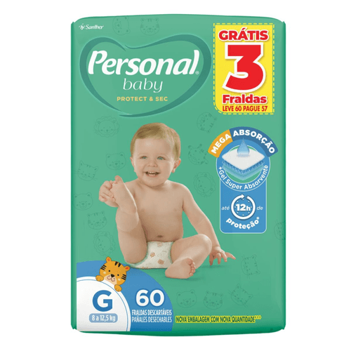 Fralda Descartável Infantil Personal Baby Protect &amp; Sec G Pacote Leve 60 Pague 57 Unidades