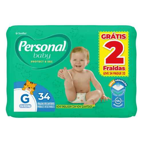 Fralda Personal Baby Protect e Sec G Leve 34 Pague 32 unidades