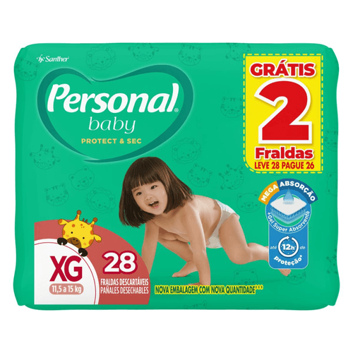 Fralda Personal Baby Protect e Sec XG Leve 28 Pague 26 unidades