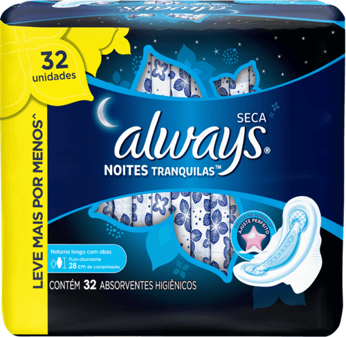 Absorvente com Abas Seca Always Noturno Pacote 32 Unidades Grátis 4 Absorventes