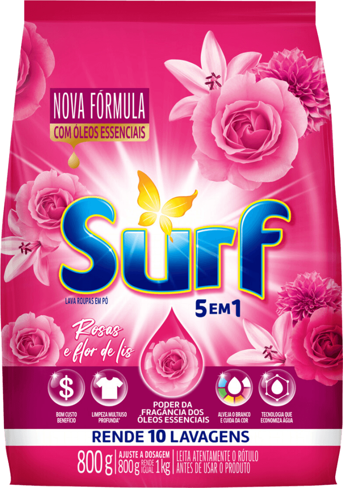 Lava-Roupas-em-Po-5-em-1-Rosas-e-Flor-de-Lis-Surf-Pacote-800g