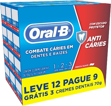 Creme Dental Anticárie com Flúor Menta Suave Oral-B 1-2-3 Caixa 70g Cada Leve 12 Pague 9 Unidades
