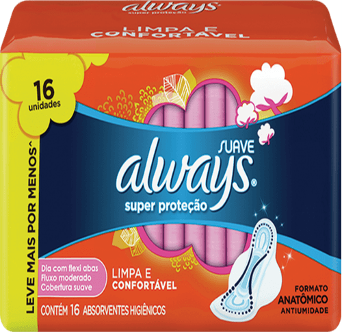 Absorvente com Abas Suave Always Pequeno Pacote 16 Unidades Grátis 2 Absorventes