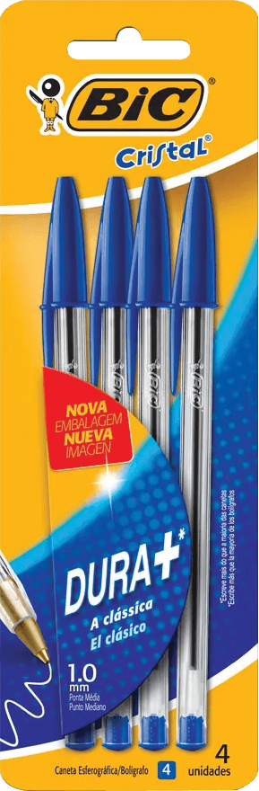 Caneta Esferográfica Azul 1,0mm Ponta Média Dura + Bic Cristal 4 Unidades