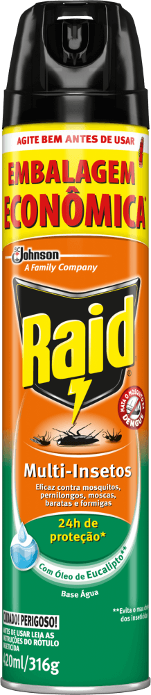 Inseticida Aerossol Multi-Insetos Base Água com Óleo de Eucalipto Raid Frasco 420ml Spray Embalagem Econômica