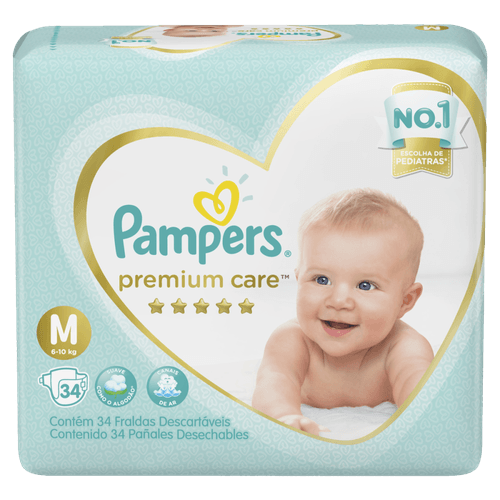 Fralda Descartável Infantil Pampers Premium Care M 6 a 10kg Pacote 34 Unidades