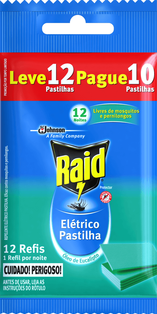 Repelente Elétrico Pastilha 12 Noites Óleo de Eucalipto Raid Pacote Leve 12 Pague 10 Unidades Refil