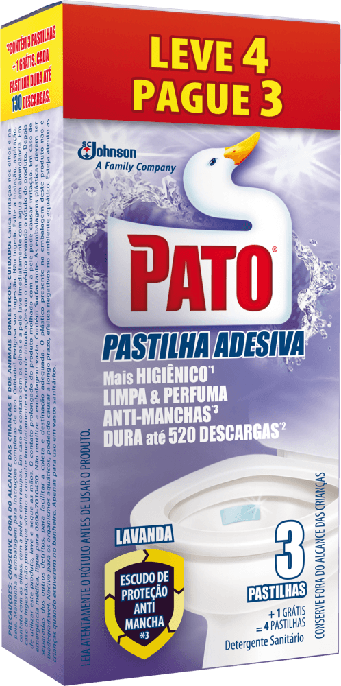 Desodorizador Sanitário PATO Pastilha Adesiva Lavanda Embalagem Leve 4 Pague 3 Unidades