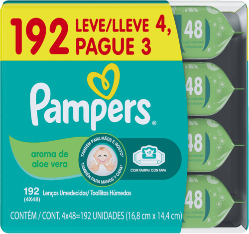 Lenço Umedecido Infantil Aloe Vera Pampers Pacote Leve 4 Pague 3 Unidades de 48 Lenços Cada