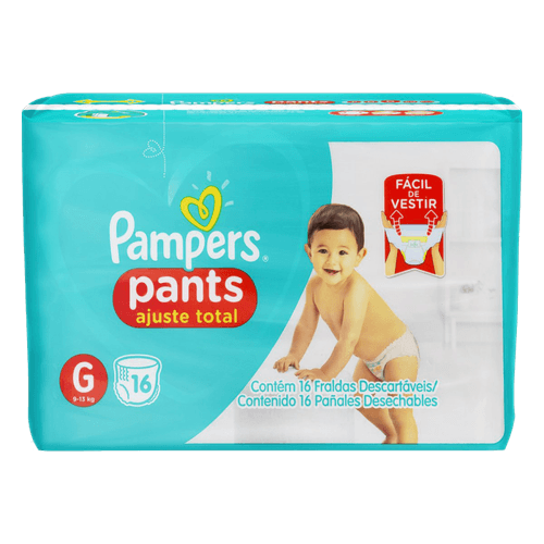 Fralda Descartável Infantil Pants Pampers Ajuste Total G 9 a 13kg Pacote 16 Unidades