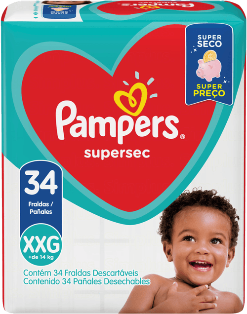 Fralda Descartável Infantil Pampers Supersec XXG 14 a 18kg Pacote 34 Unidades