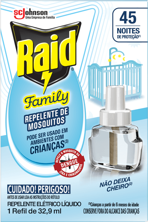 Repelente Elétrico Líquido 45 Noites sem Perfume Raid Family Caixa 32,9ml Refil