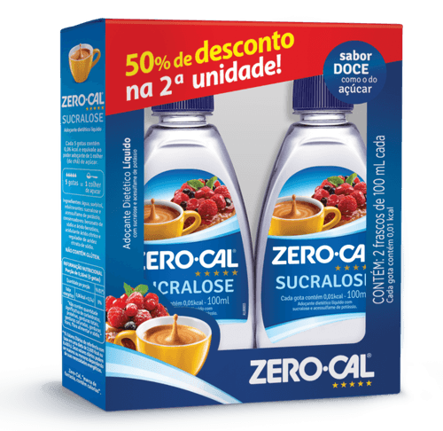 Adoçante Líquido Sucralose Zero Cal 200ml 2 Unidades de 100ml Cada Grátis 50% Desconto na Segunda Unidade