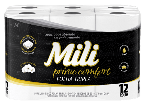 Papel Higiênico Mili Prime Comfort Folha Tripla 20 metros 12 Unidades