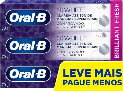 Creme Dental Anticárie com Flúor Oral-B 3D White Brilliant Fresh Caixa 70g Cada Leve 3 Pague 2 Unidades