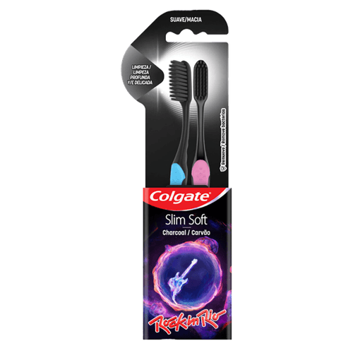 Escova Dental Macia Carvão Rock in Rio Colgate Slim Soft 2 Unidades