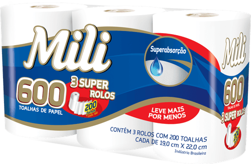 Toalha de Papel Mili 3 Rolos 600 Folhas