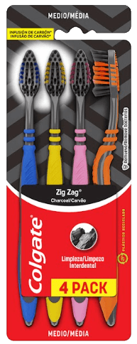 Escova Dental Macia Infusão de Carvão Colgate Zig Zag Cabeça Normal 4 Unidades