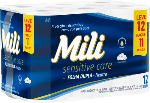 Papel Higiênico Mili Sensitive Care Folha Dupla Neutro 30 Metros Embalagem Econômica 12 Unidades