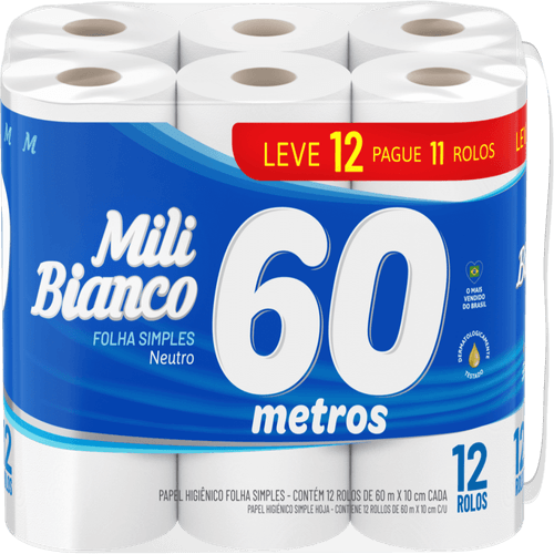 Papel Higiênico Mili Bianco Folha Simples 60 Metros Embalagem Econômica 12 Unidades