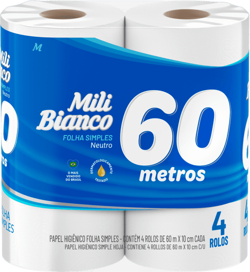 Papel Higiênico Mili Bianco Folha Simples Neutro 60 Metros Pacote 4 Unidades