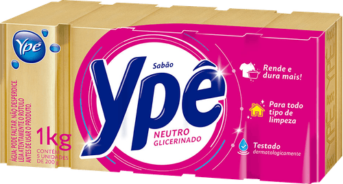Sabão Em Barra Ypê Glicerinado Neutro Com 5 Unidades 1 Kg