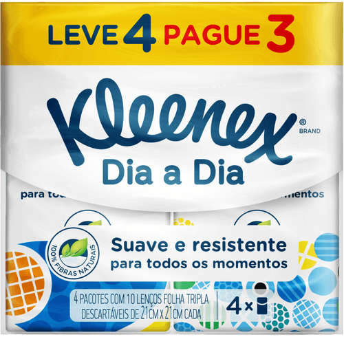 lenço de papel folha tripla suave kleenex dia a dia 21cm x 21cm pacote leve 4 pague 3 unidades de 10 lenços cada