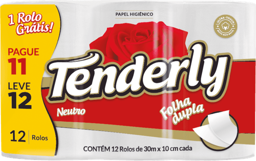 Papel Higiênico Folha Dupla Tenderly Leve 12, Pague 11 rolos de 30m