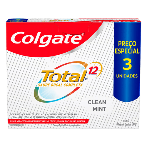 Creme Dental Anticárie com Flúor Clean Mint Colgate Total 12 Caixa 3 Unidades de 90g Cada Preço Especial