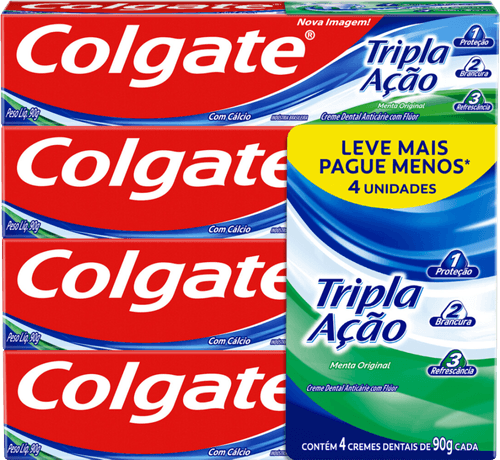 Creme Dental Anticárie com Flúor e Cálcio Menta Original Colgate Tripla Ação Caixa 4 Unidades de 90g Cada Leve Mais Pague Menos