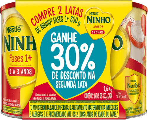 Fórmula Infantil Ninho Fases 1+ Lata 1,6kg 2 Unidades Grátis 30% de Desconto na Segunda Lata