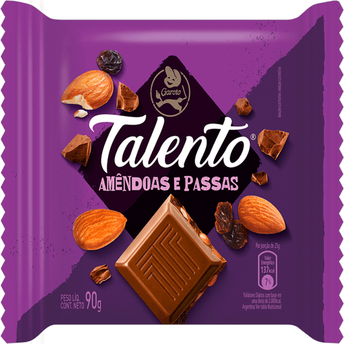 Chocolate GAROTO TALENTO ao Leite com Amêndoas e Passas 90g