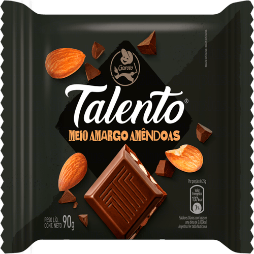 Chocolate Meio Amargo com Amêndoas Garoto Talento Pacote 90g