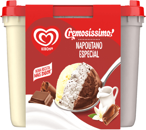 Sorvete Napolitano Especial Chocolate, Flocos e Creme Kibon Cremosíssimo Pote 2l