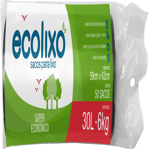 Saco de Lixo Ecolixo 30 Litros 50 Unidades