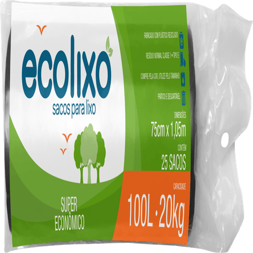 Saco para Lixo Ecolixo 100 Litros Com 25 Unidades