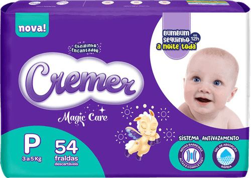 Fralda Descartável Infantil Cremer Magic Care P 3 a 5kg Pacote 54 Unidades